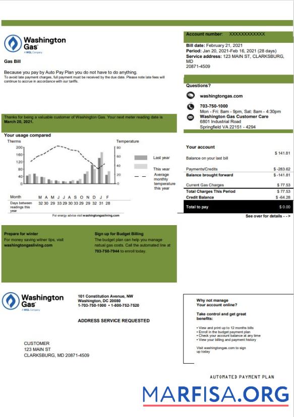 Downloadable USA Washington Gas (WGL) utility bill template in Word and PDF format